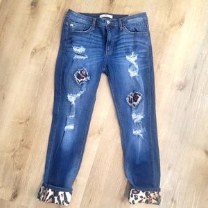 KanCan Vienna Leopard Print Rolled HemDistressed Blue Jeans